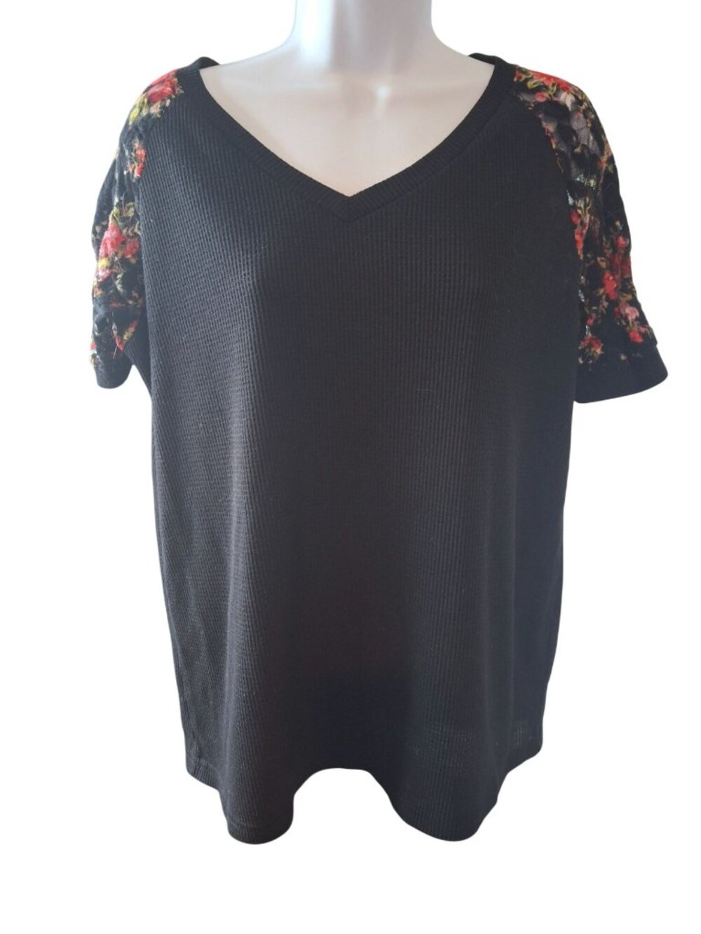 MIHOLL Waffle Knit Top Black Floral Sleeve XL Cottagecore Boho Casual Chic